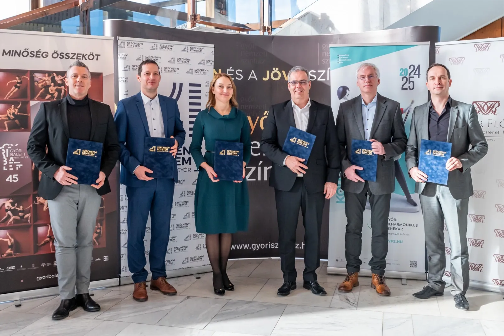 Participants of the Ceremonial Signing: László Velekei, Director of the Győr Ballet; Dr. Zsolt Kovács, Vice President for General and Educational Affairs at Széchenyi István University; Irén Novák, Deputy State Secretary for Arts and Community Education; Géza Fűke, Director of the Győr Philharmonic Orchestra; Zoltán Székely, Director of the Rómer Flóris Museum of Art and History; and Gábor Bakos-Kiss, Director of the Győr National Theatre. (Photo: András Adorján)